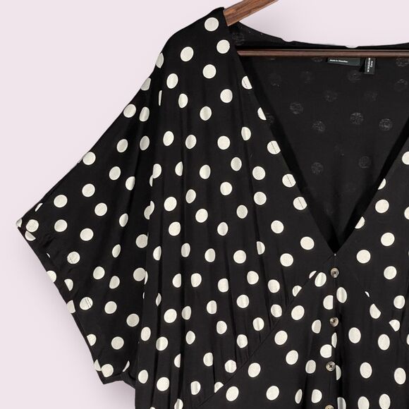 Asos Design Curve Waisted Mini Tea Dress Women Size 24 Black Polka Dot V Neck - Picture 7 of 15